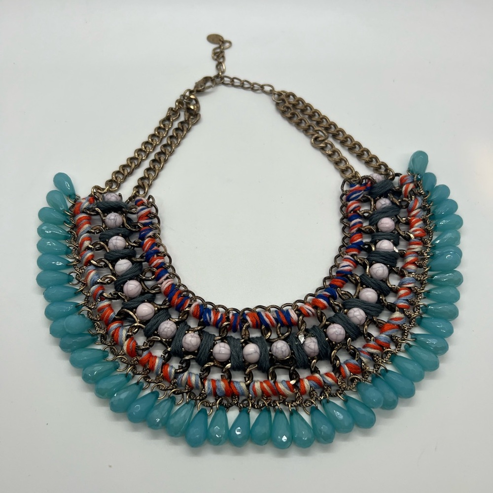 Zara Bibbed Statement Necklace Bright‎ Beaded Fringe Boho Goldtone